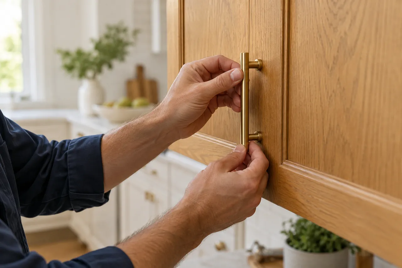 Close-up of hands fitting a cabinet handle